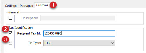 The customs tab is selected and the recipient tax id is entered and tin type is selected