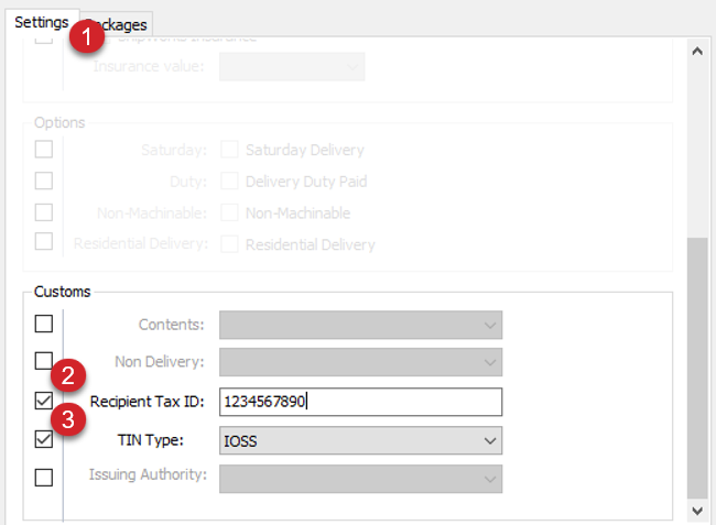 The DHL Express Settings tab is displayed with the Recipient Tax ID and TIN Type fields filled in.