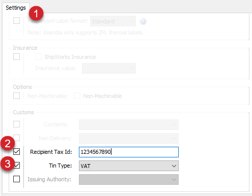 The Asendia profile settings tab is displayed with the Recipient Tax ID and Tin Type fields highlighted.