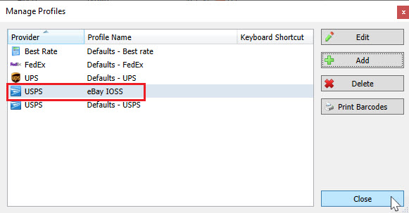 The new eBay IOSS profile shown in the Manage Profiles screen. The cursor hovering over the Close button.