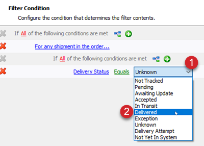 Delivered is selected from the delivery status drop-down menu.
