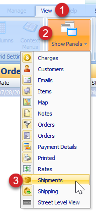 Click on the view tab, then the show panels button, and select Shipments.