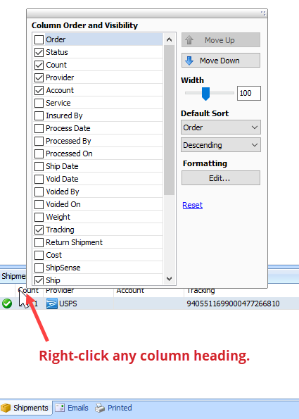 A column heading in the shipments panel has been right-clicked and the Column Order and Visibility screen is displayed.
