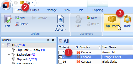 Select an international order. Then click the Home tab then the Ship Orders button.