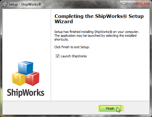 Completing ShipWorks setup Wizard popup with finish button highlighted