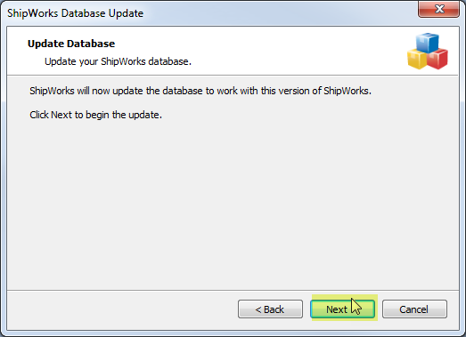 first screen of Shipworks database update popup with next button highlighted