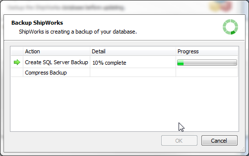 Backup ShipWorks popup showing backup actions and progress bar of the backups being created
