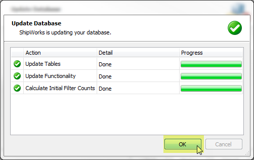 Update Database with actions of updates shown and progress bars complete and OK button highlighted