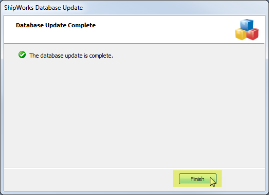 Database Update complete popup with Finish button highlighted