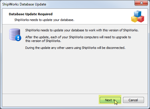 Database update required popup with Next button highlighted