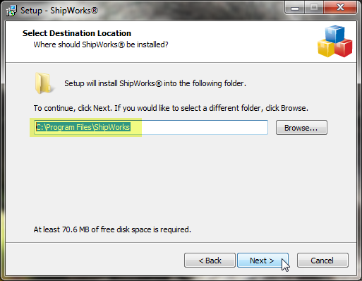 Select Destination Location popup with file location highlighted