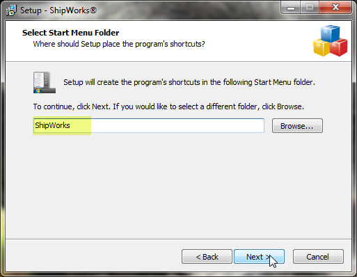 Select start menu folder popup with ShipWorks highlighted