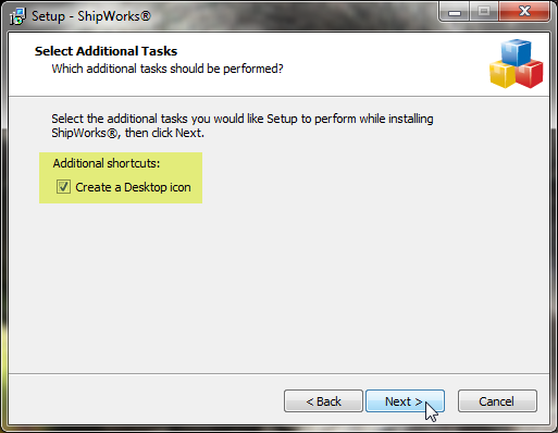 Select additional tasks with Create a Desktop icon checkbox highlighted