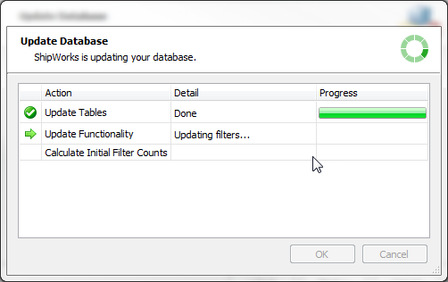 Update Database popup with actions of updates and progress bar shown
