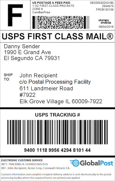 USPS Global Advantage Program Label example with scannable barcode