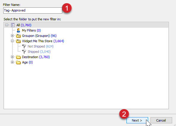 The filter name is filled in and the Next button is highlighted.