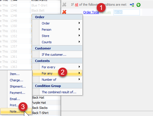 The filter wizard is displayed showing Order Total being clicked and then For any > Note being selected.