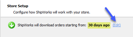 The store setup screen in ShipWorks is displayed and the Edit link is highlighted.