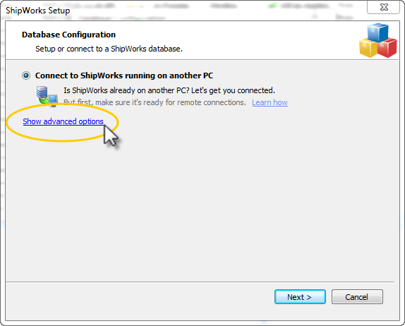 ShipWorks setup popup showing Database configuration screen with Show Advanced Option link highlighted