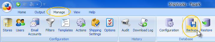 ShipWorks top level menu with Manage tab and Backup icon highlighted
