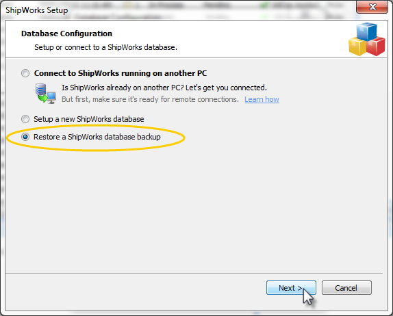 ShipWorks setup popup showing Database configuration screen advanced options with Restore a ShipWorks database backup highlighted