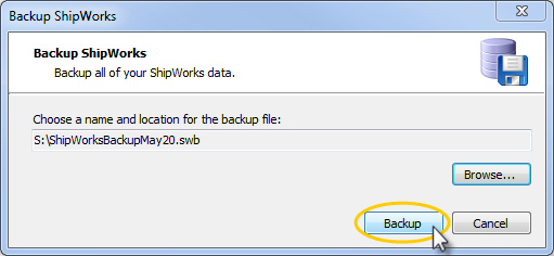 Backup ShipWorks popup with Backup button highlighted