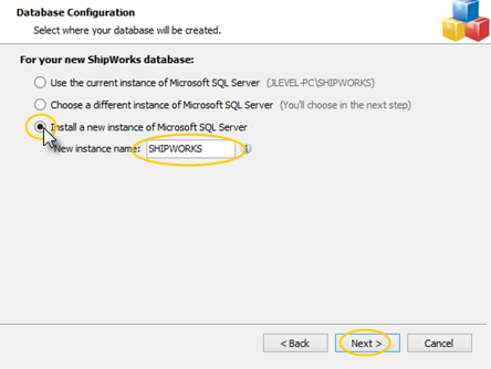 ShipWorks setup popup showing Database configuration screen with Install new instance of Microsoft SQL server highlighted