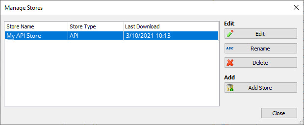 The manage stores screen is open and the new My API Store is selected to show it has been added.