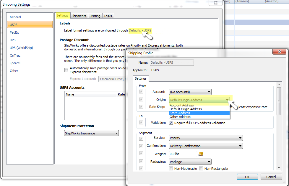 shipping settings ups select settings defaults origin address