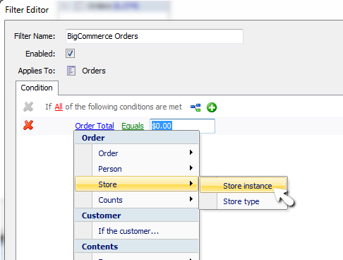 filter editor select order total > store > store instance