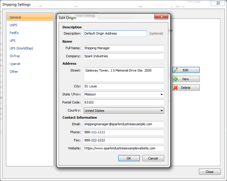 edit origin address screen