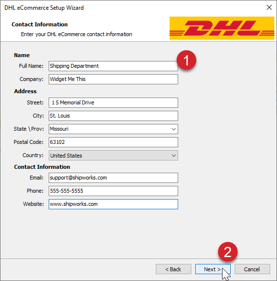 The contact information is completed on the DHL eCommerce Contact Information screen.