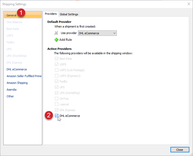 The Shipping Settings screen is open with the General link selected. The checkbox to enable DHL eCommerce is checked.