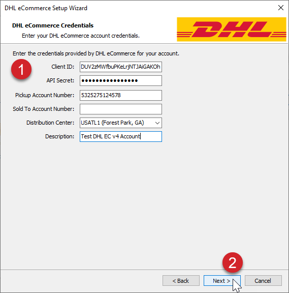 Account credentials are completed on the SHL eCommerce Credentials screen.