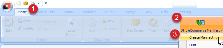 Click the Home tab, then the DHL eCommerce Manifest button, then Create Manifest.