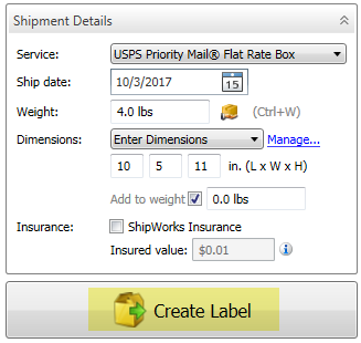 shipping details and create label button on shipping panel