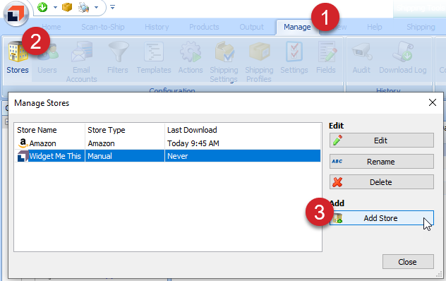 Click the Manage tab then the Stores button. Then click Add Store.