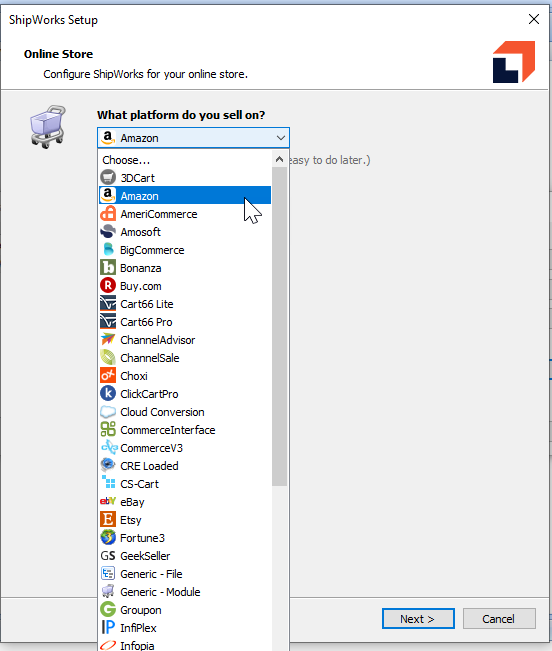 Amazon is selected from the list of available stores.