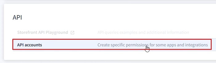 API accounts is selected in the API section of the Big Commerce settings page.