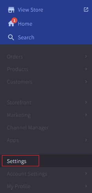 Settings is highlighted in the Big Commerce navigation.