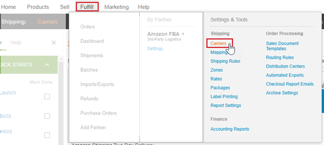 The channel advisor admin screen is shown and the path to Fulfill > Carriers is highlighted.