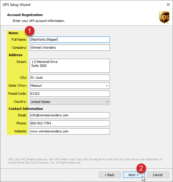 Highlights fields to add UPS account registration address, and shows Next button