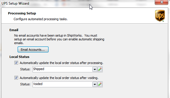 Processing Setup popup. Shows panels to set Email and Local Status options