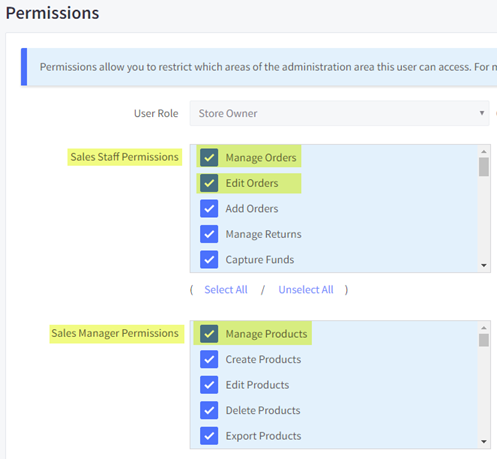 selecting user permissions for bigcommerce