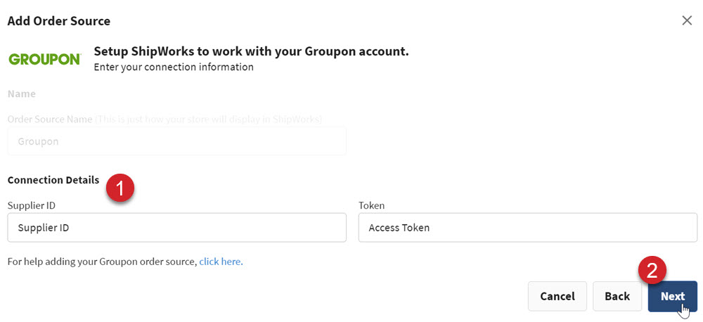 Enter the Supplier ID and Access Token. Click the Next button.