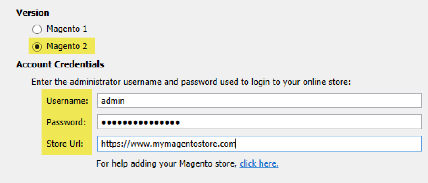 magento 2 add store credentials