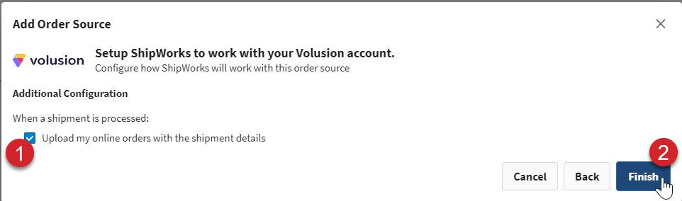 Verify that you want shipment details to upload. Then click Finish.