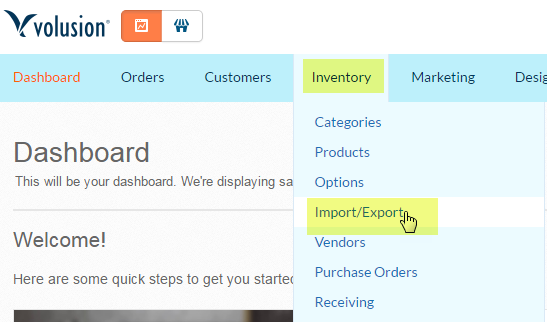 volusion import export menu inventory