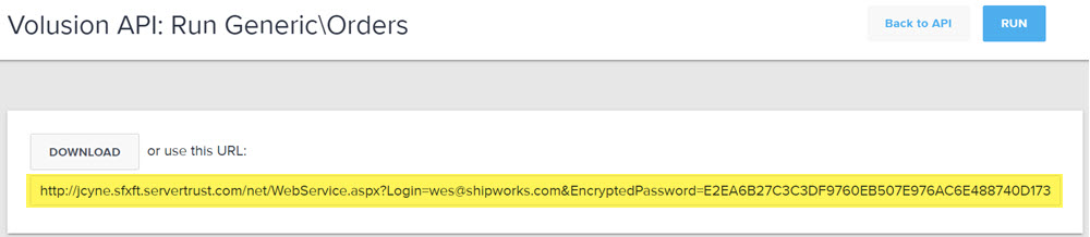 The Volusion API URL listed on the Run Generic Orders screen.